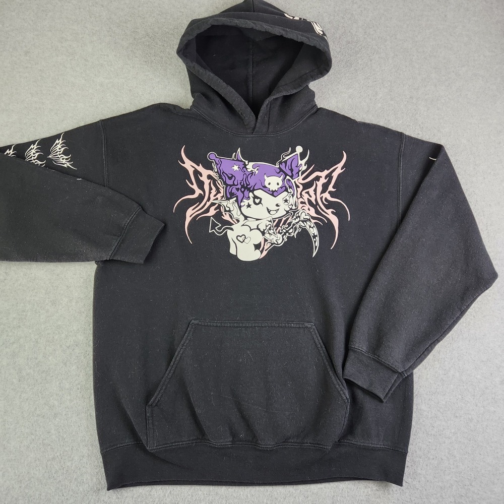 Sanrio Hoodie Unisex Large Black Kuromi Graphic Goth Tribal Sleeve Print Edgy